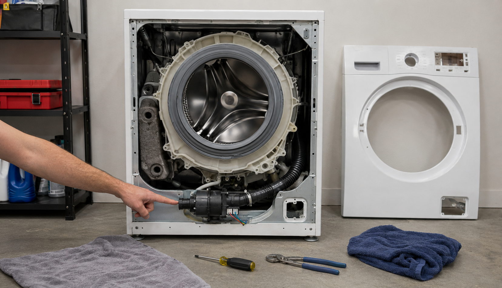 ChatGPT Image Jun 8, 2026, 03_09_59 PM Washing machine front panel removed exposing drain pump location inside cabinet