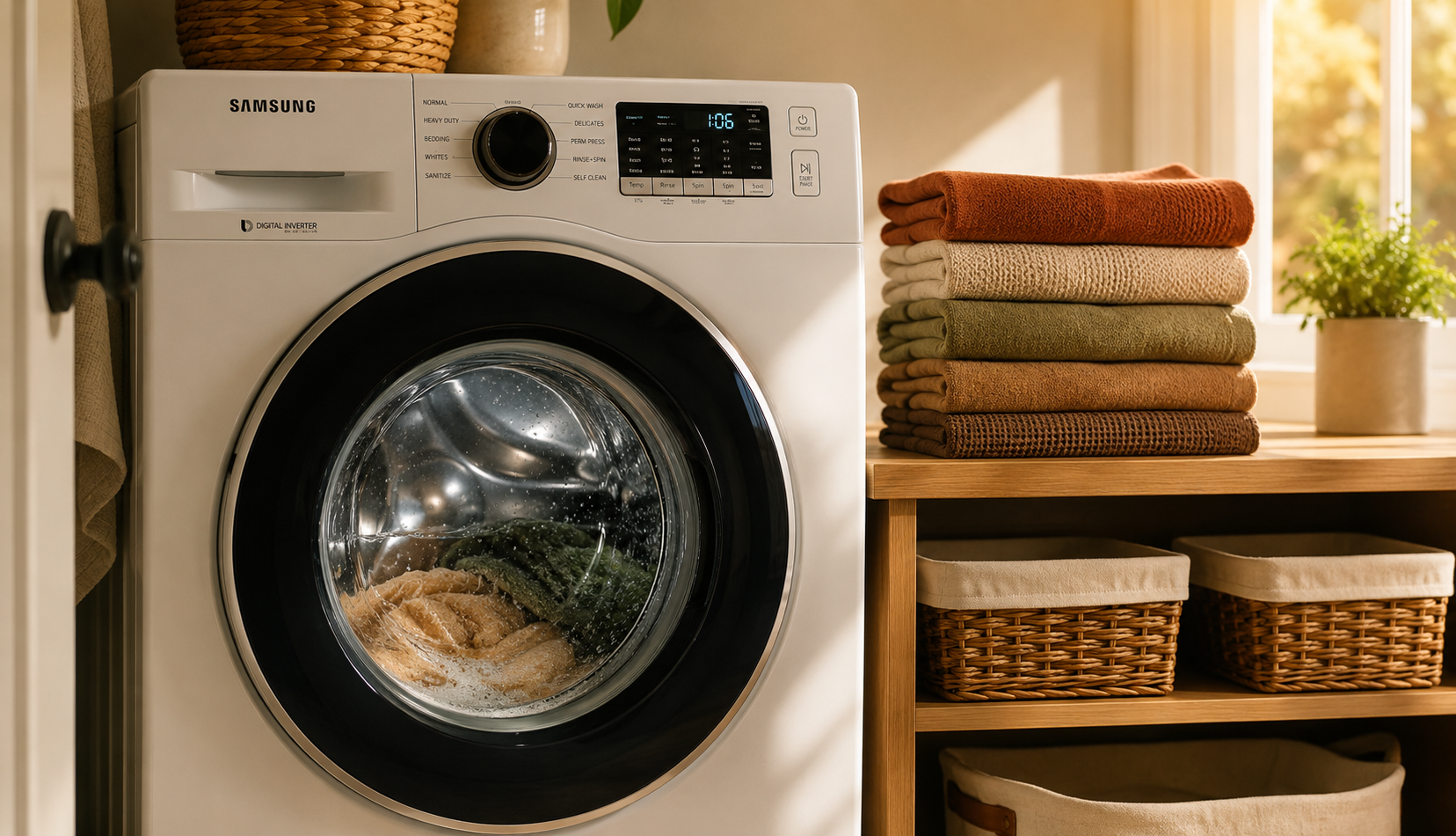ChatGPT Image Jun 8, 2026, 03_10_02 PM Washing machine running normally with clean laundry stacked on top after repair