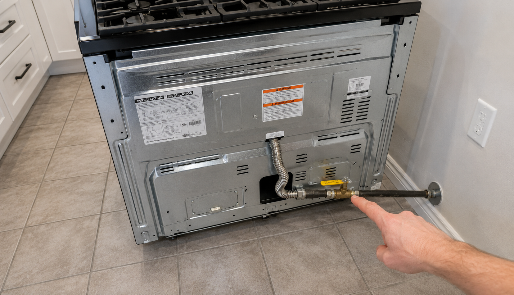 ChatGPT Image Jun 9, 2026, 05_20_42 PM Gas range pulled from wall showing gas line shut-off valve in open position
