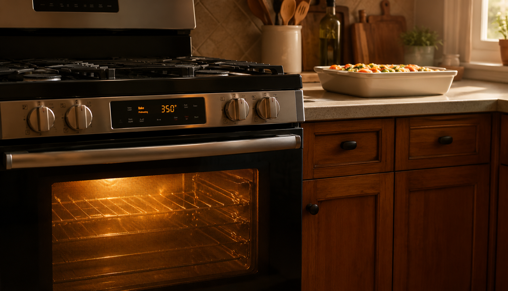 ChatGPT Image Jun 9, 2026, 05_20_46 PM Gas oven preheating with warm glow through door glass after successful repair