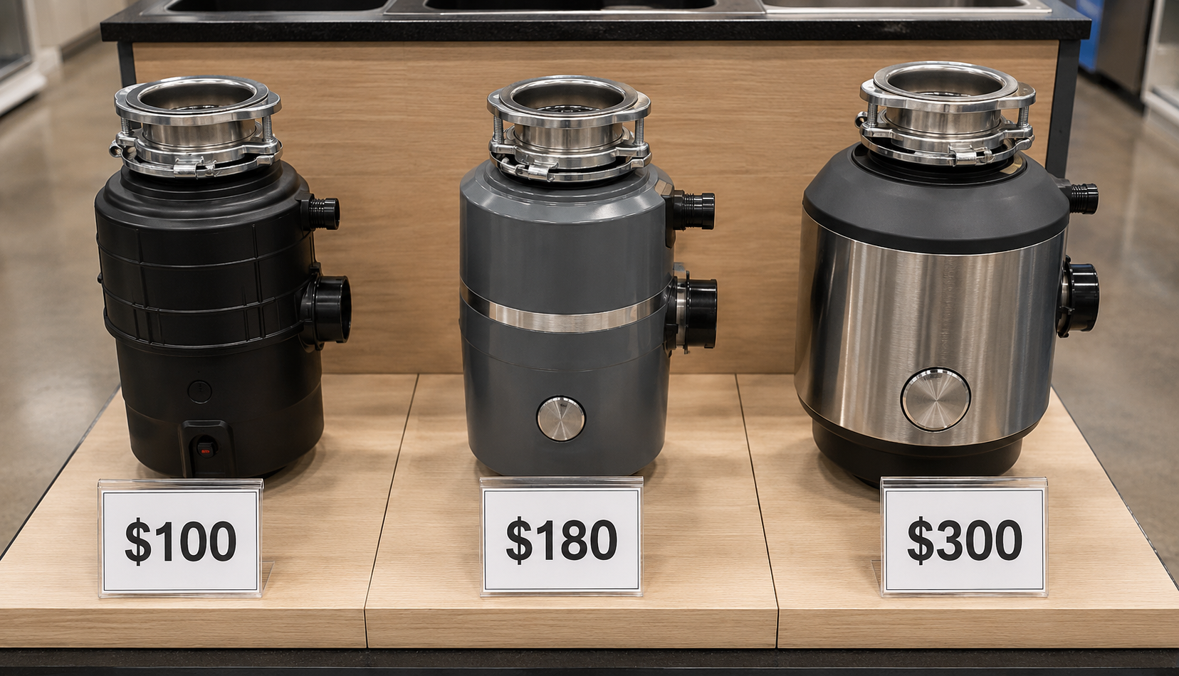 Three garbage disposal units at different price points arranged for cost comparison
