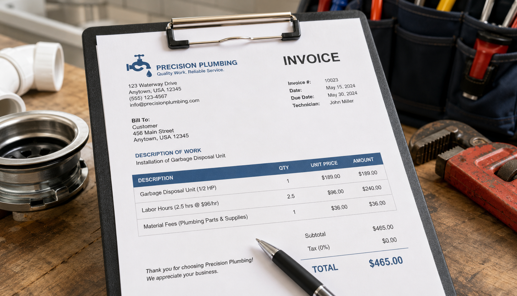 ChatGPT Image Jul 1, 2026, 08_59_17 PM (2) Plumber's invoice showing itemized garbage disposal installation costs and labor charges