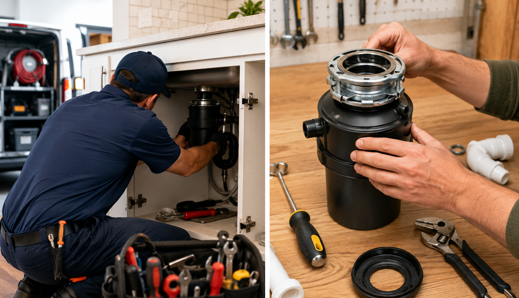 ChatGPT Image Jul 1, 2026, 08_59_18 PM (3) Side-by-side comparison of professional plumber installation versus DIY garbage disposal installation