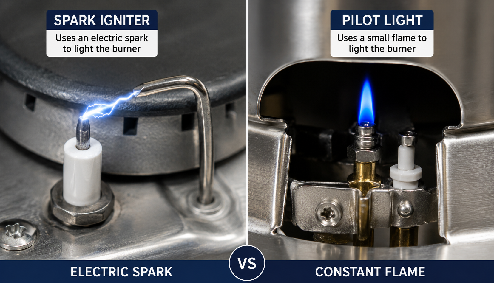 Spark igniter with visible spark versus pilot light flame side-by-side comparison