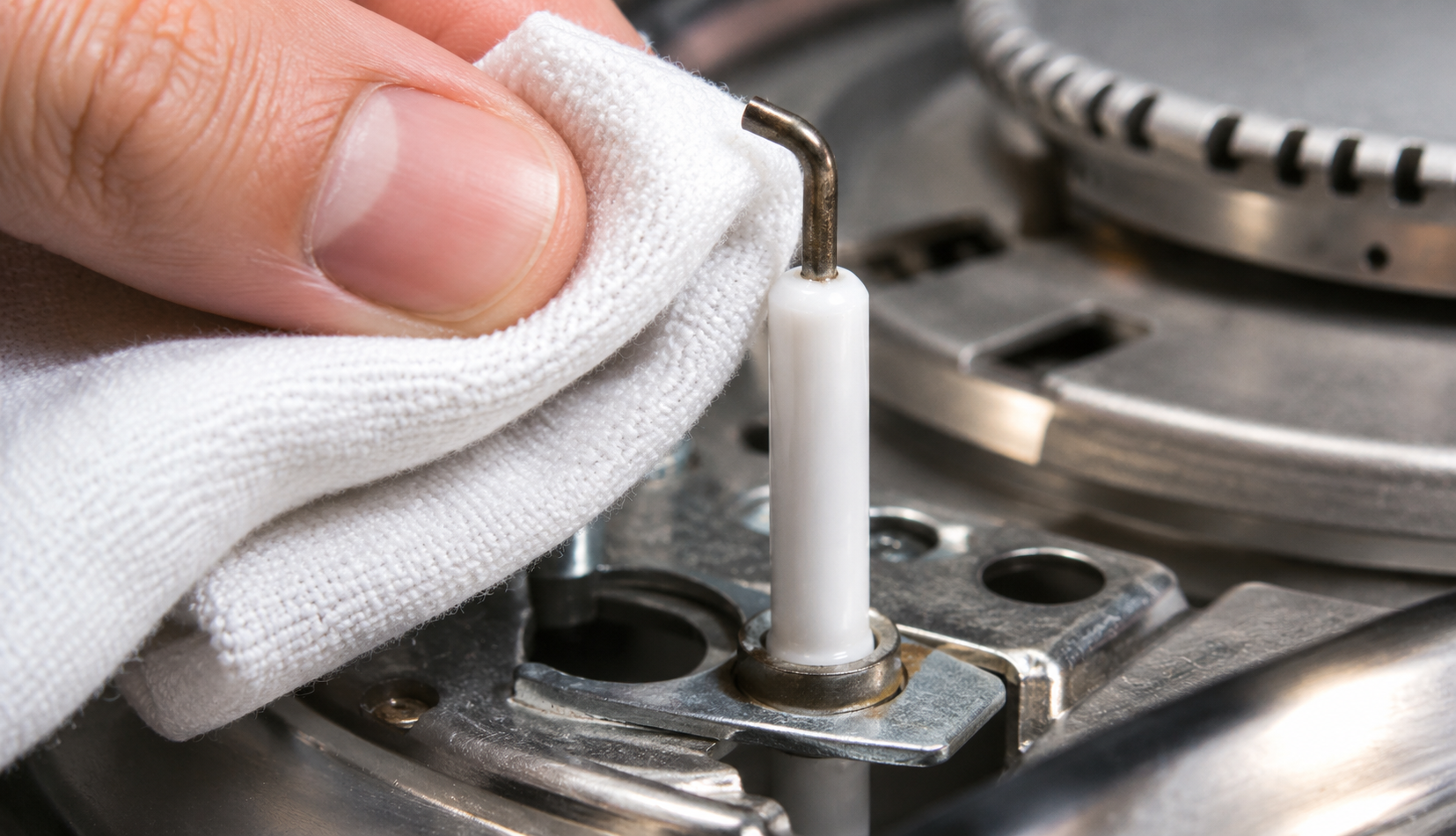 ChatGPT Image Jul 10, 2026, 08_24_20 PM Dry cloth gently cleaning spark igniter electrode to restore function