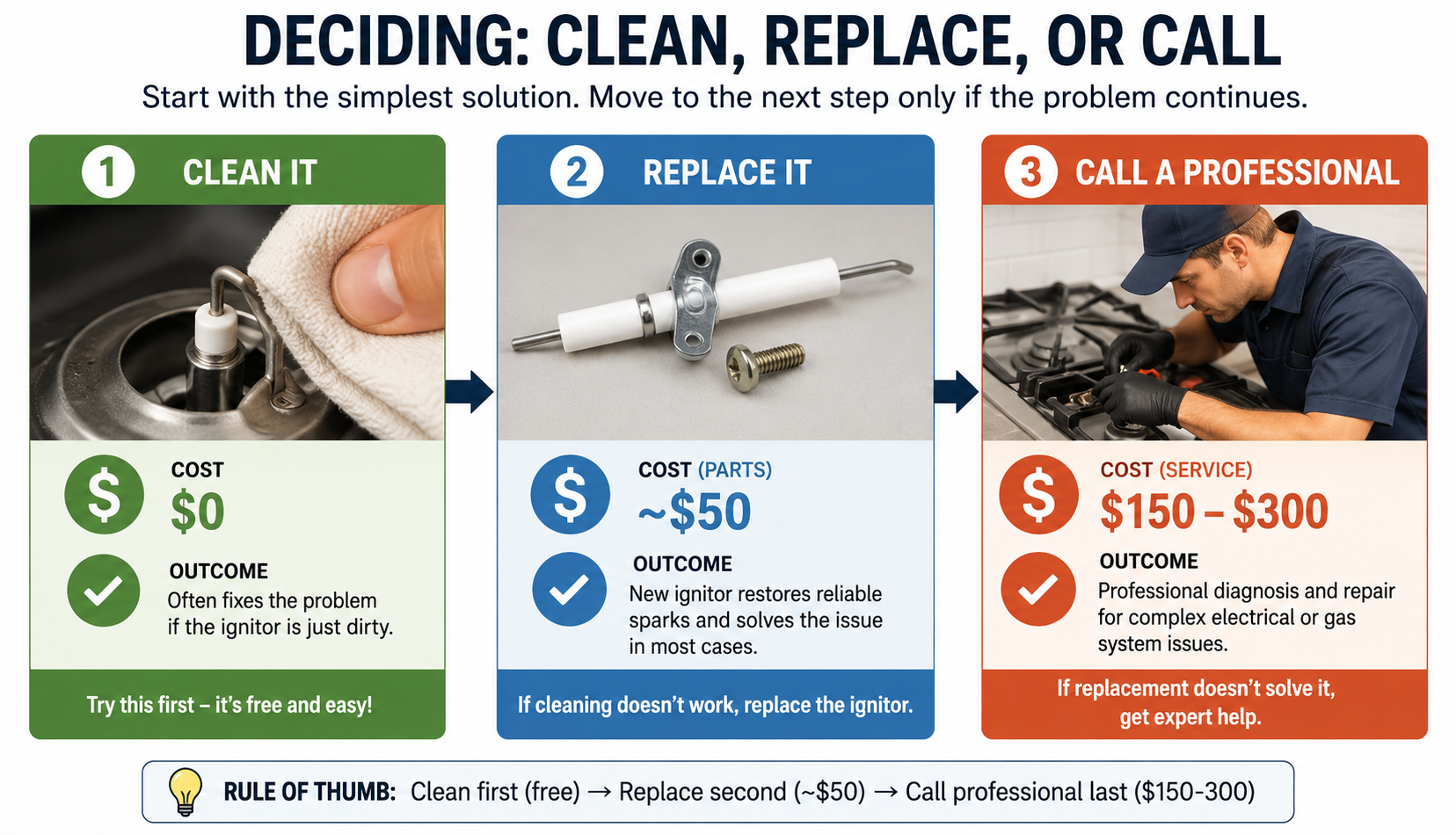 ChatGPT Image Jul 10, 2026, 08_24_23 PM Three repair options for stove ignitor: clean ($0), replace ($50), or professional ($150-300)