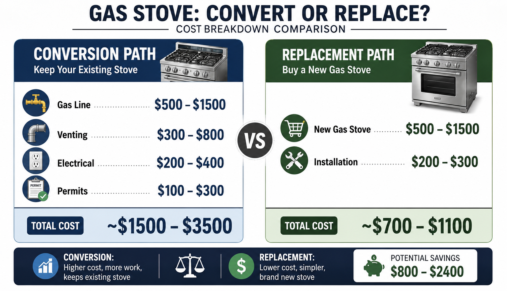 Cost comparison infographic: electric to gas conversion versus new gas stove replacement