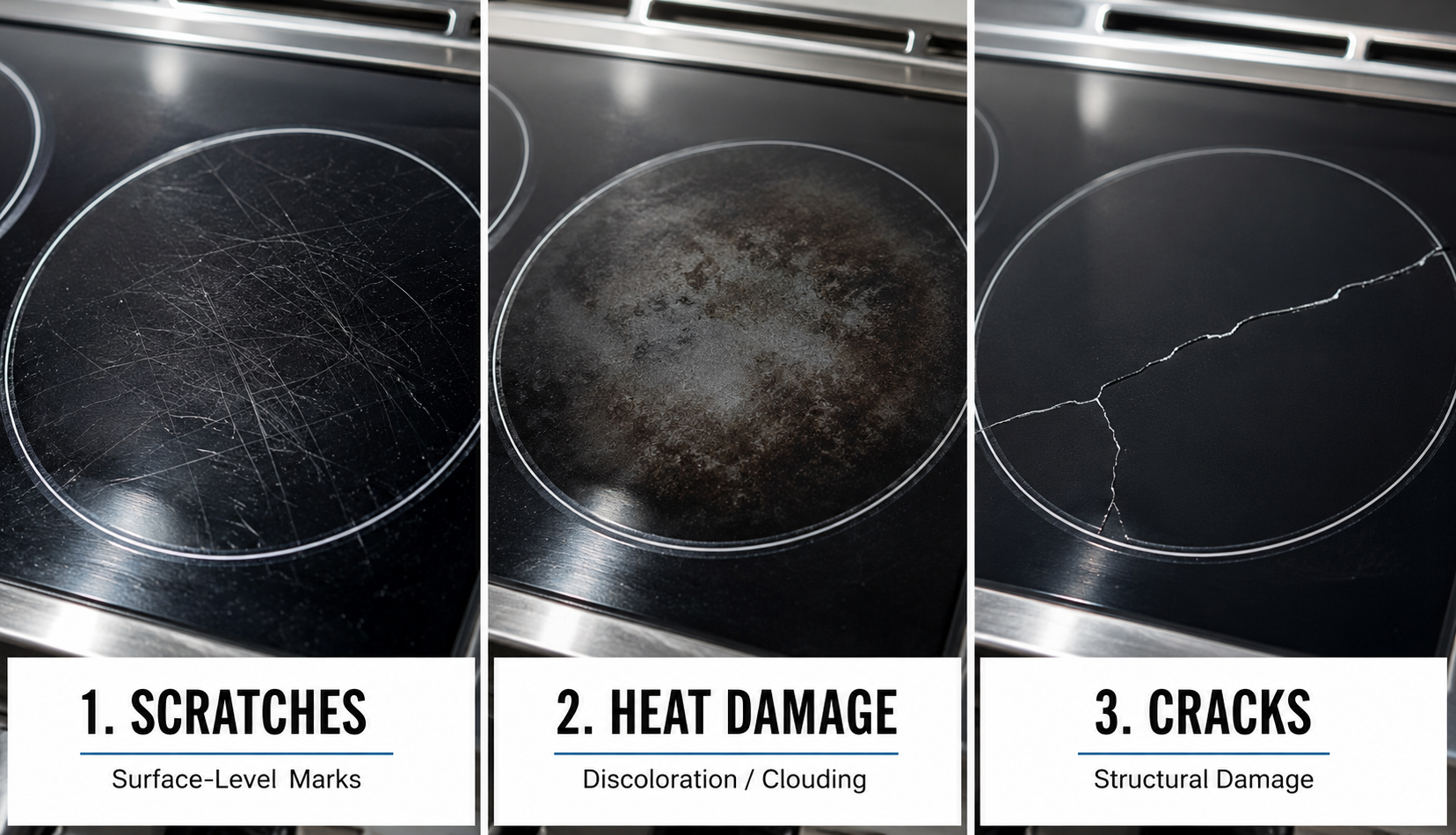 Three types of glass stove top damage: scratches, heat discoloration, and cracks