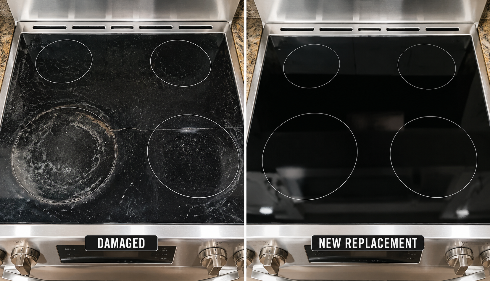 ChatGPT Image Jul 11, 2026, 12_13_59 AM Damaged glass stove top compared to new pristine replacement glass surface