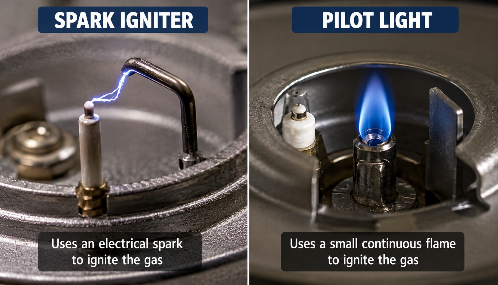 Spark igniter with visible electrical spark versus pilot light blue flame side-by-side