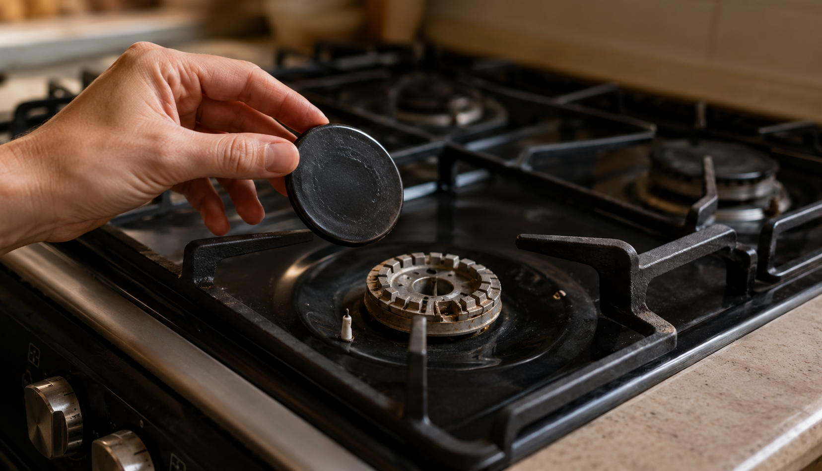 Hand holding a removed gas stove burner cap for inspection