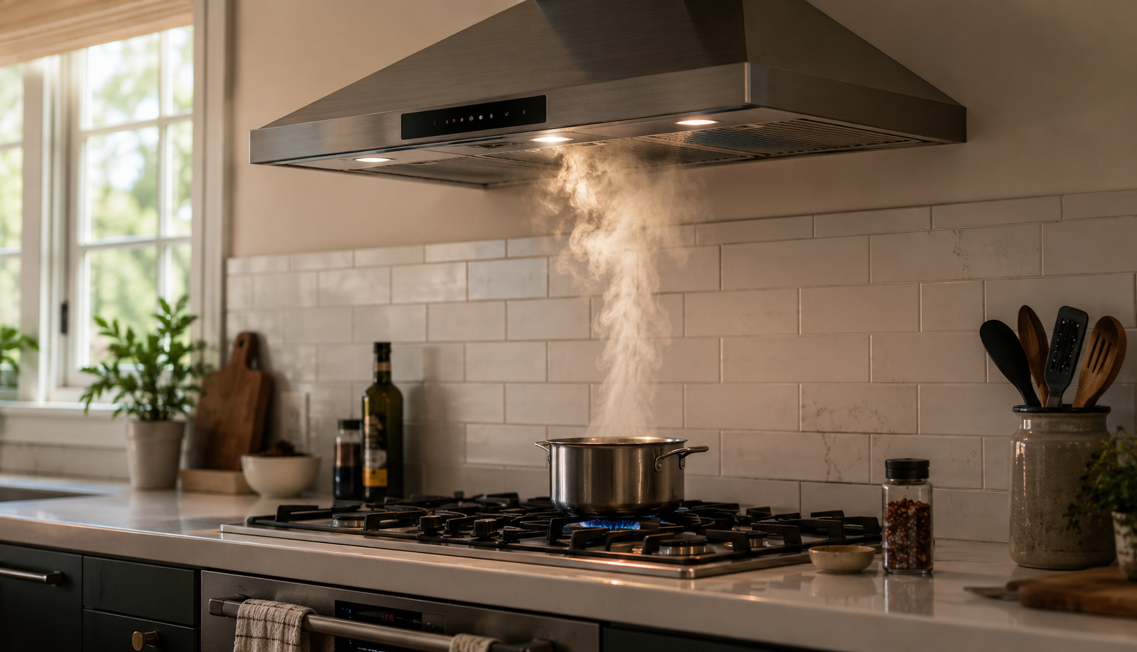 Range hood above gas cooktop pulling up rising kitchen steam