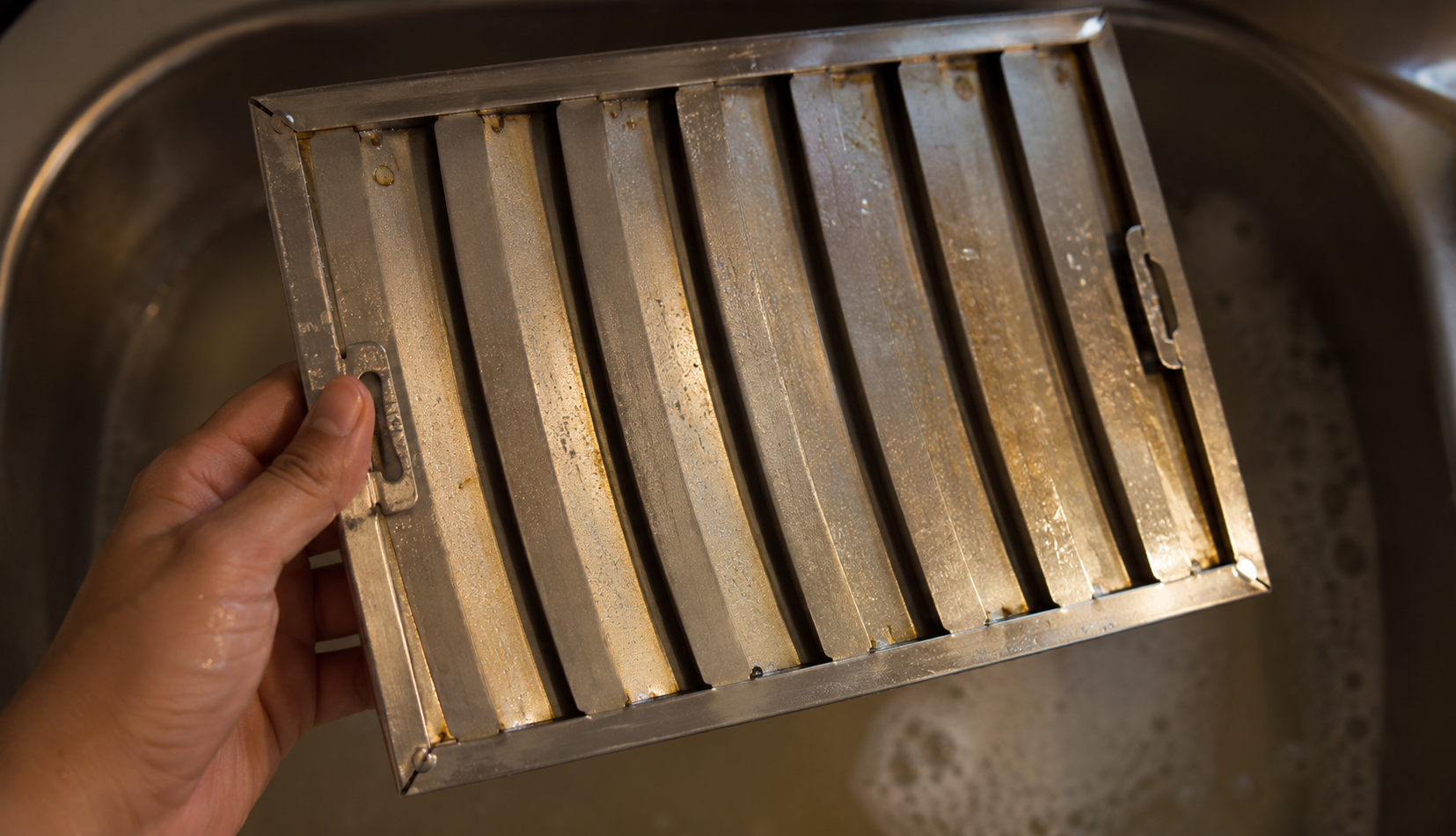 ChatGPT Image Jul 14, 2026, 06_31_09 PM Hand holding a metal baffle grease filter from a range hood