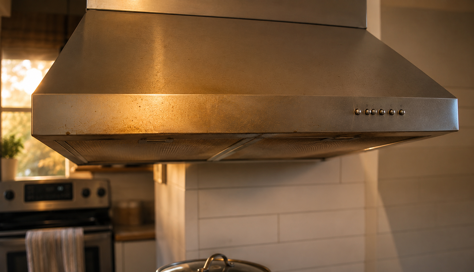 Greasy stainless steel range hood above gas stove before cleaning