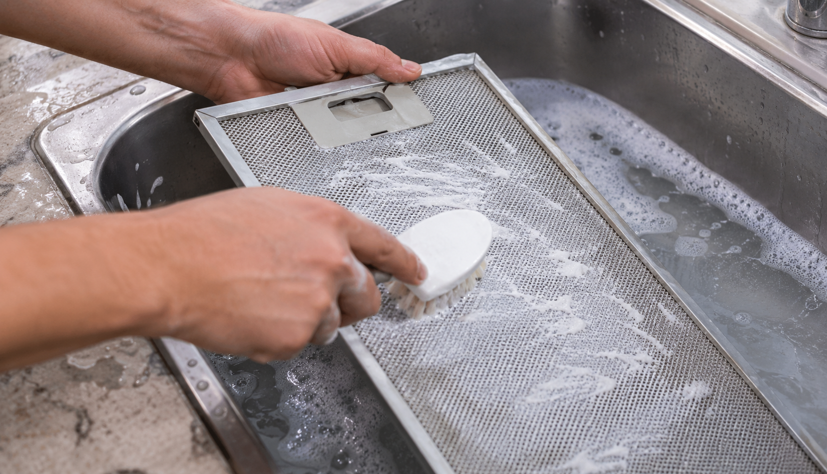 ChatGPT Image Jul 15, 2026, 11_01_01 PM Hands scrubbing range hood filter with baking soda paste in sink