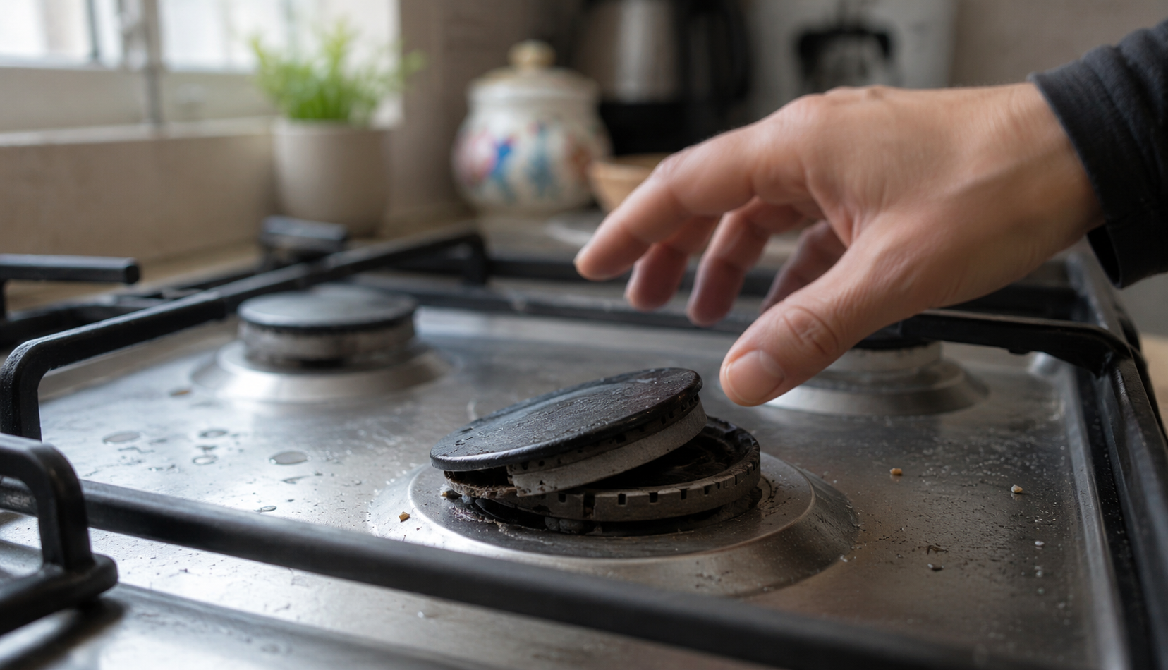 Hand adjusting a misaligned burner cap on a gas range