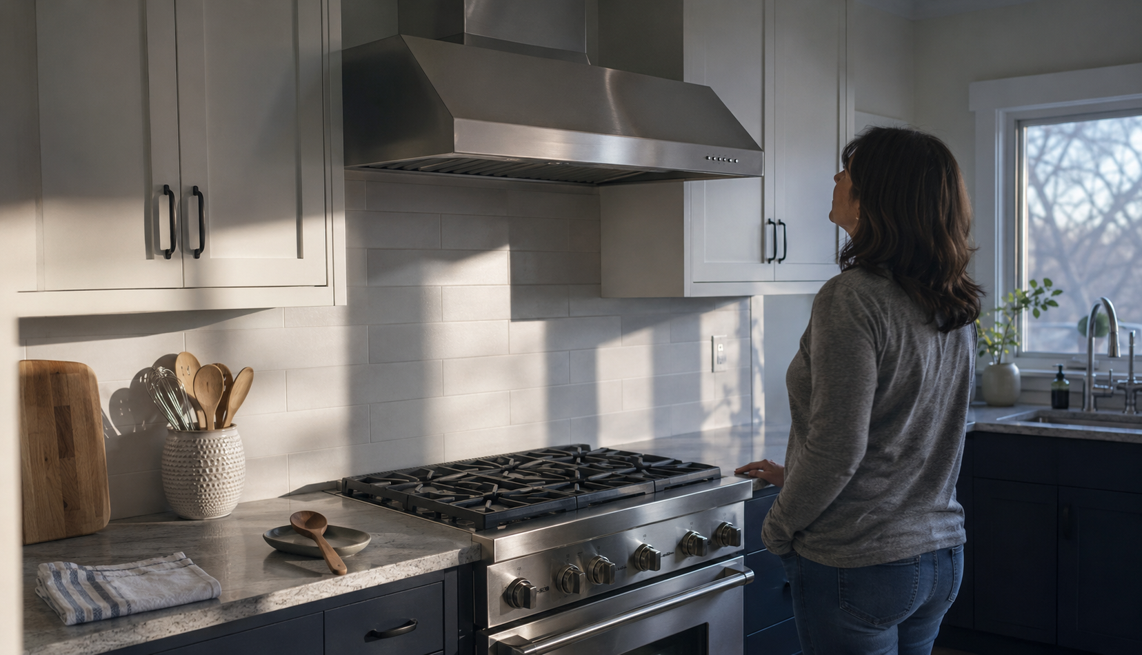 36 inch range hood mounted above a 30 inch gas range