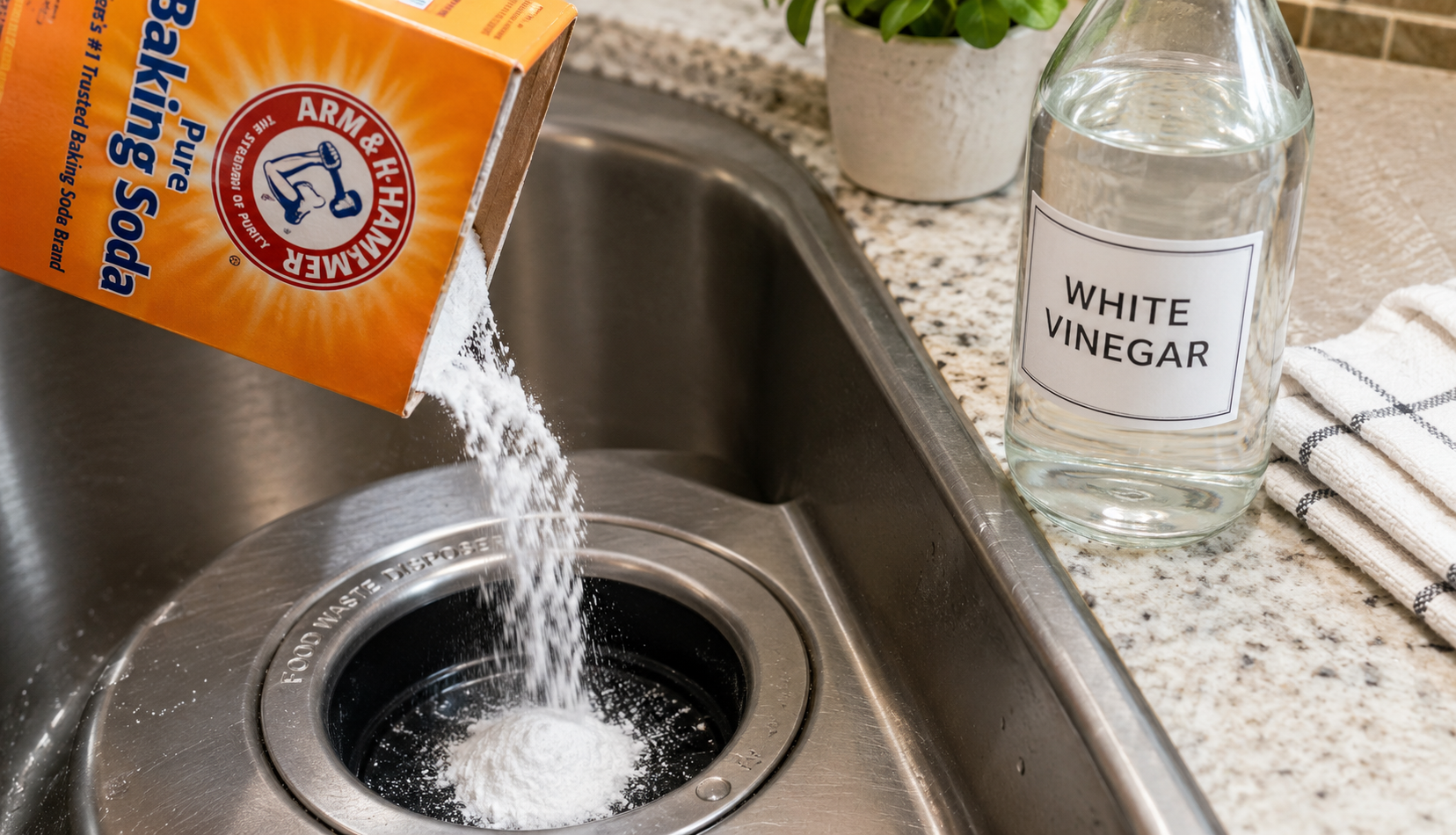 Baking soda and white vinegar bottles ready for natural garbage disposal cleaning