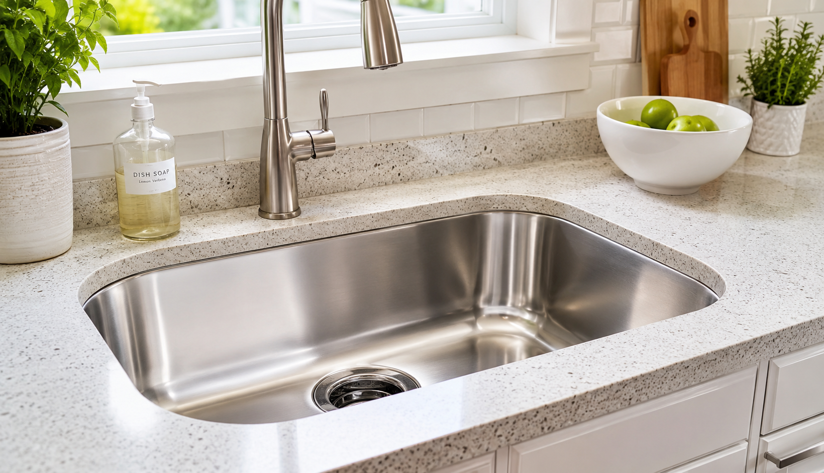 Clean, fresh-smelling garbage disposal in maintained kitchen sink