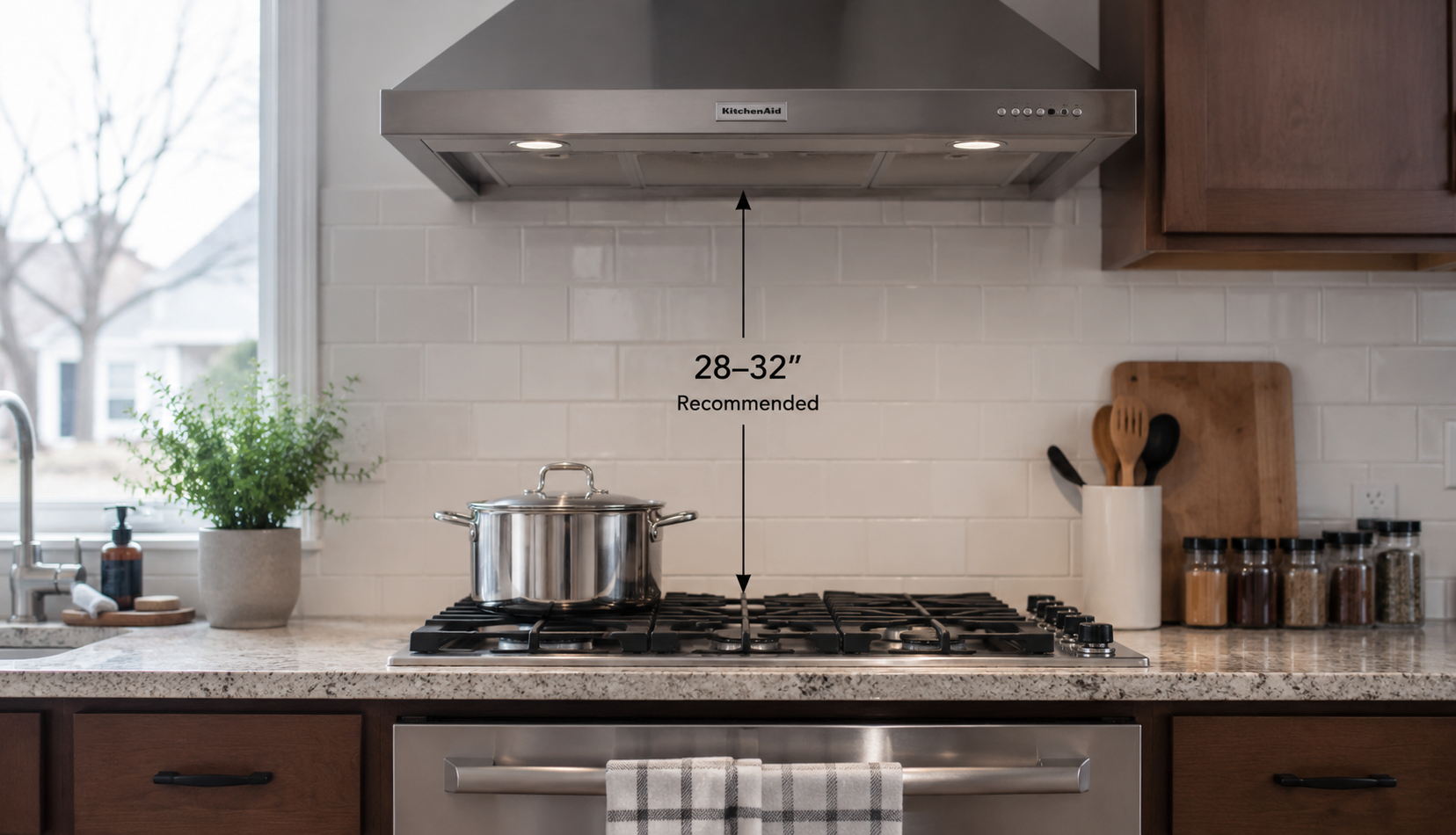 Range hood mounted above gas cooktop showing vertical clearance gap