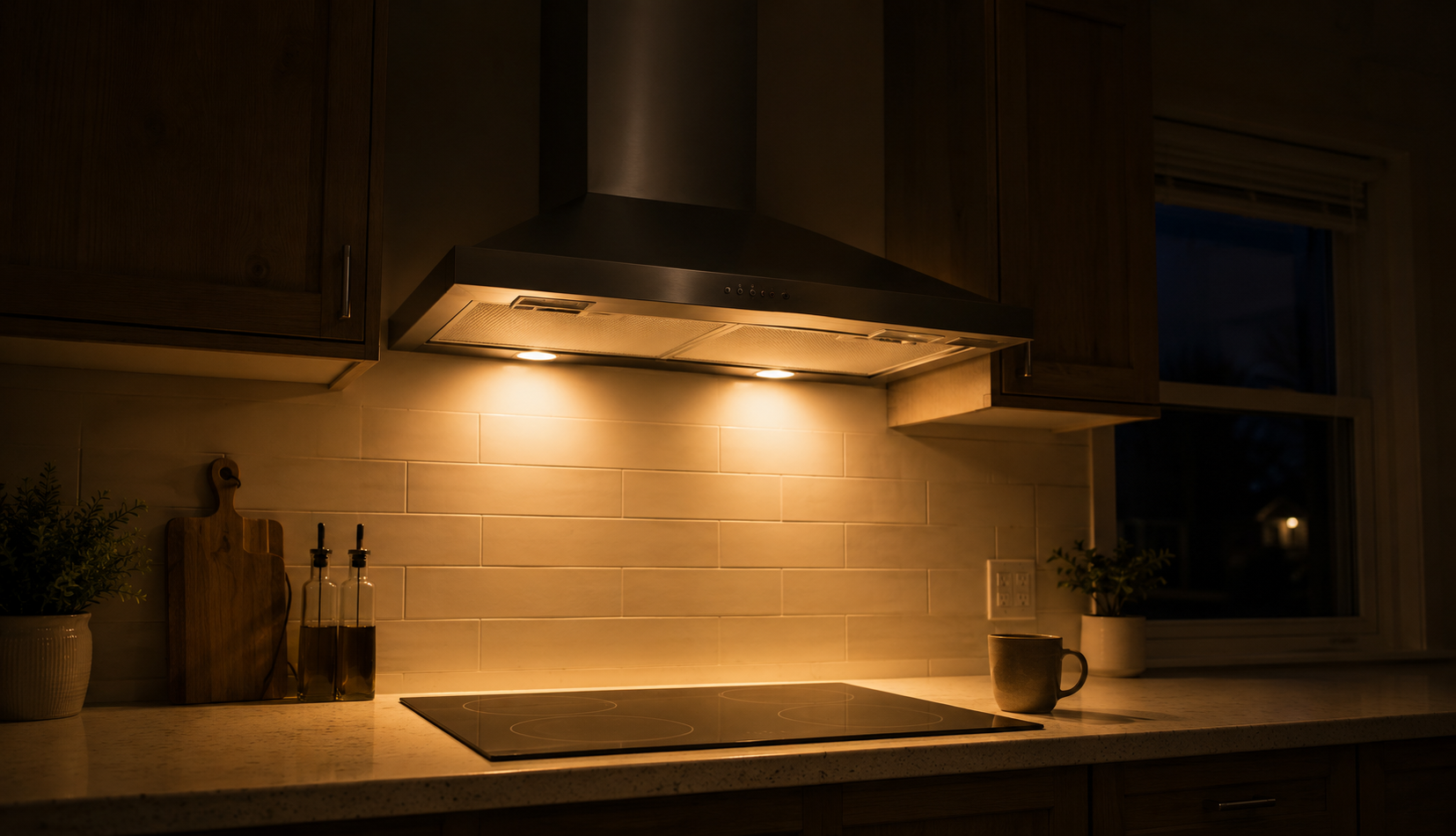 ChatGPT Image Jul 22, 2026, 05_05_46 PM Properly installed range hood glowing above kitchen cooktop at dusk