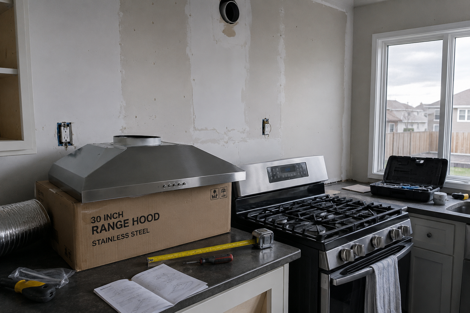 Unmounted range hood and tools ready for installation on kitchen counter