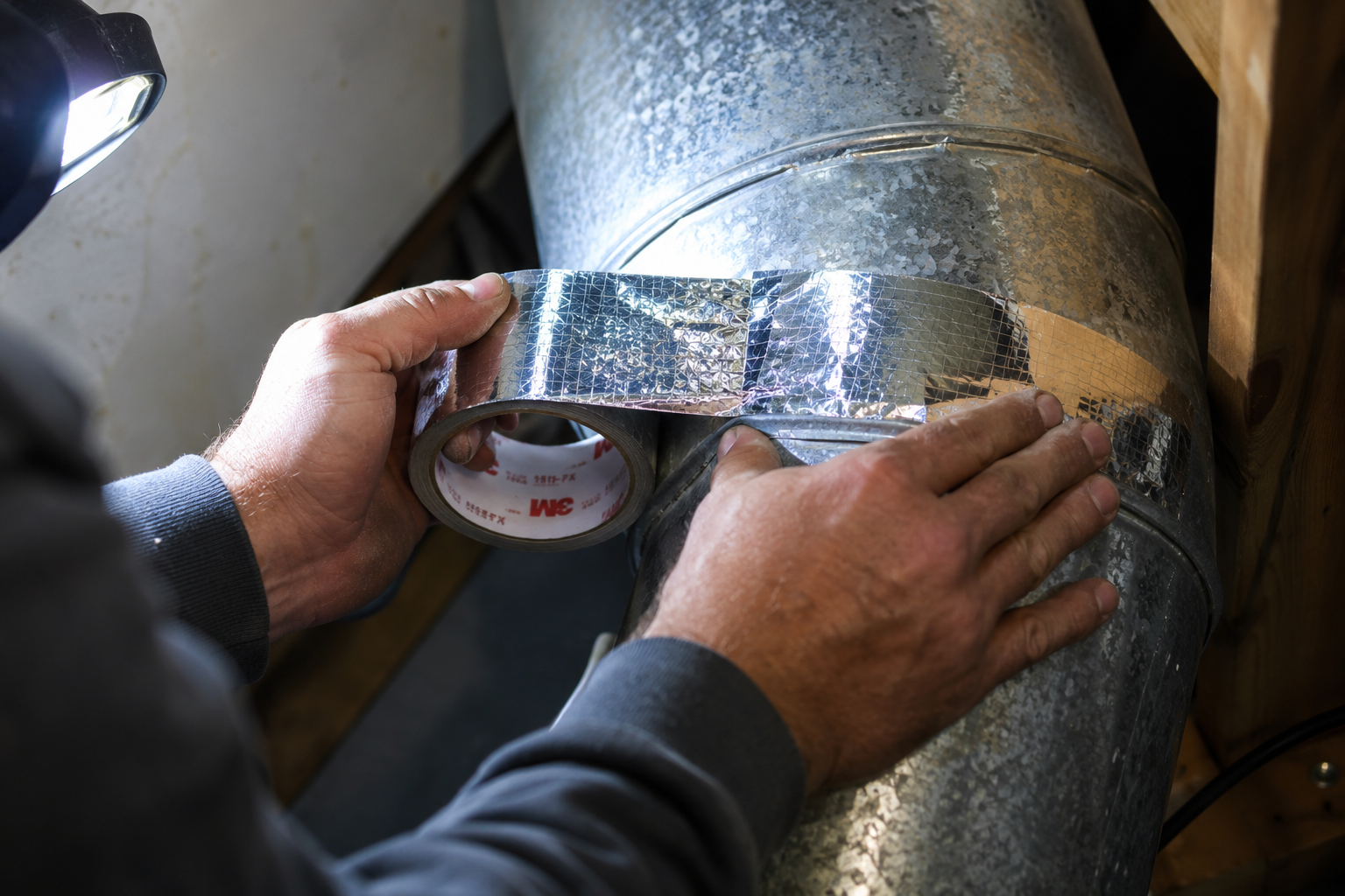 ChatGPT Image Jul 23, 2026, 11_37_52 PM Hands sealing range hood ductwork joint with foil tape