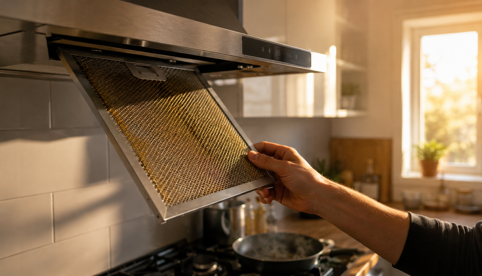 Hand pulling greasy range hood filter from vent housing