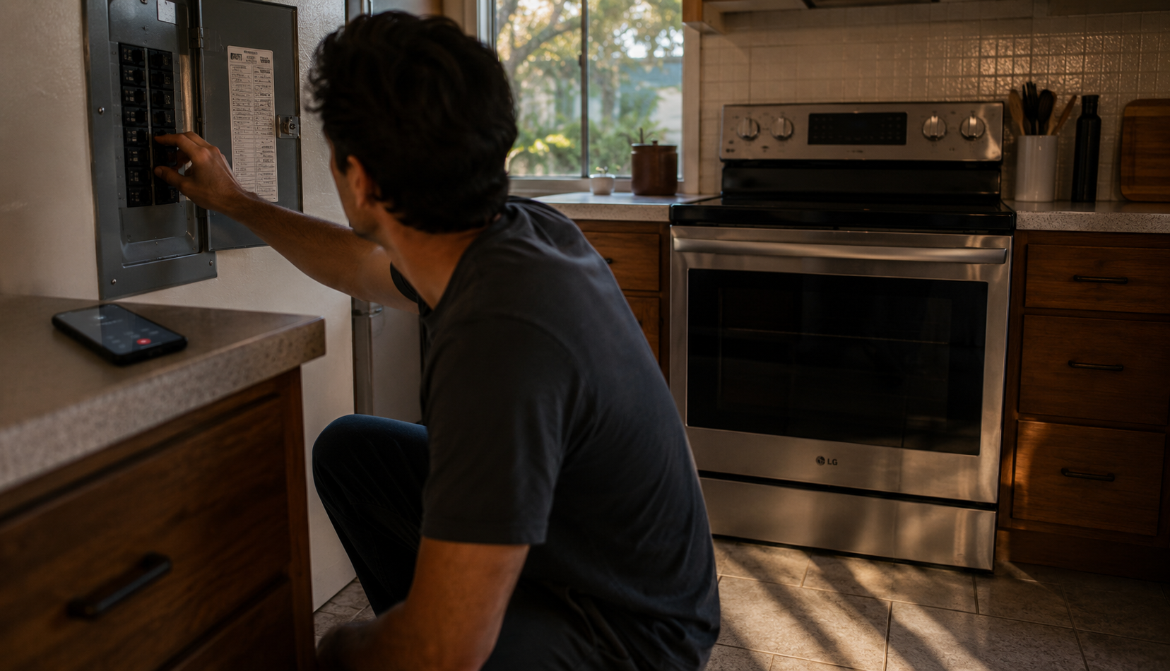 Homeowner checking breaker panel near unresponsive LG electric range