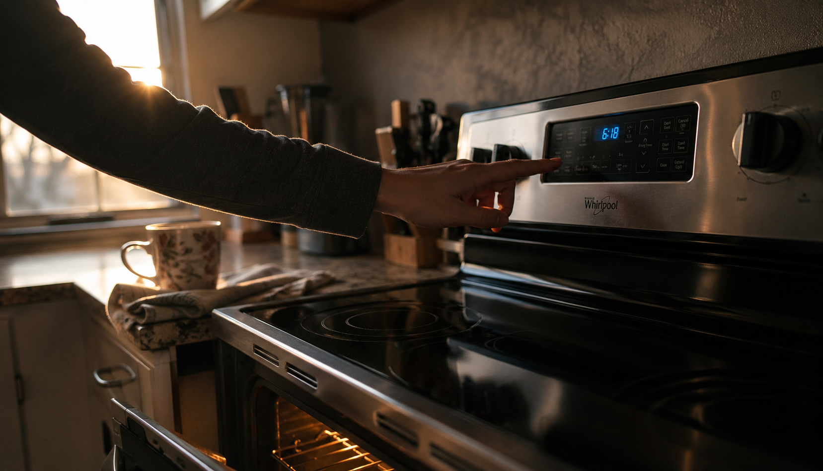 Hand adjusting Whirlpool electric range control panel in kitchen