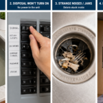Multiple garbage disposal failure symptoms: won't turn on, won't grind, leaks, water backs up