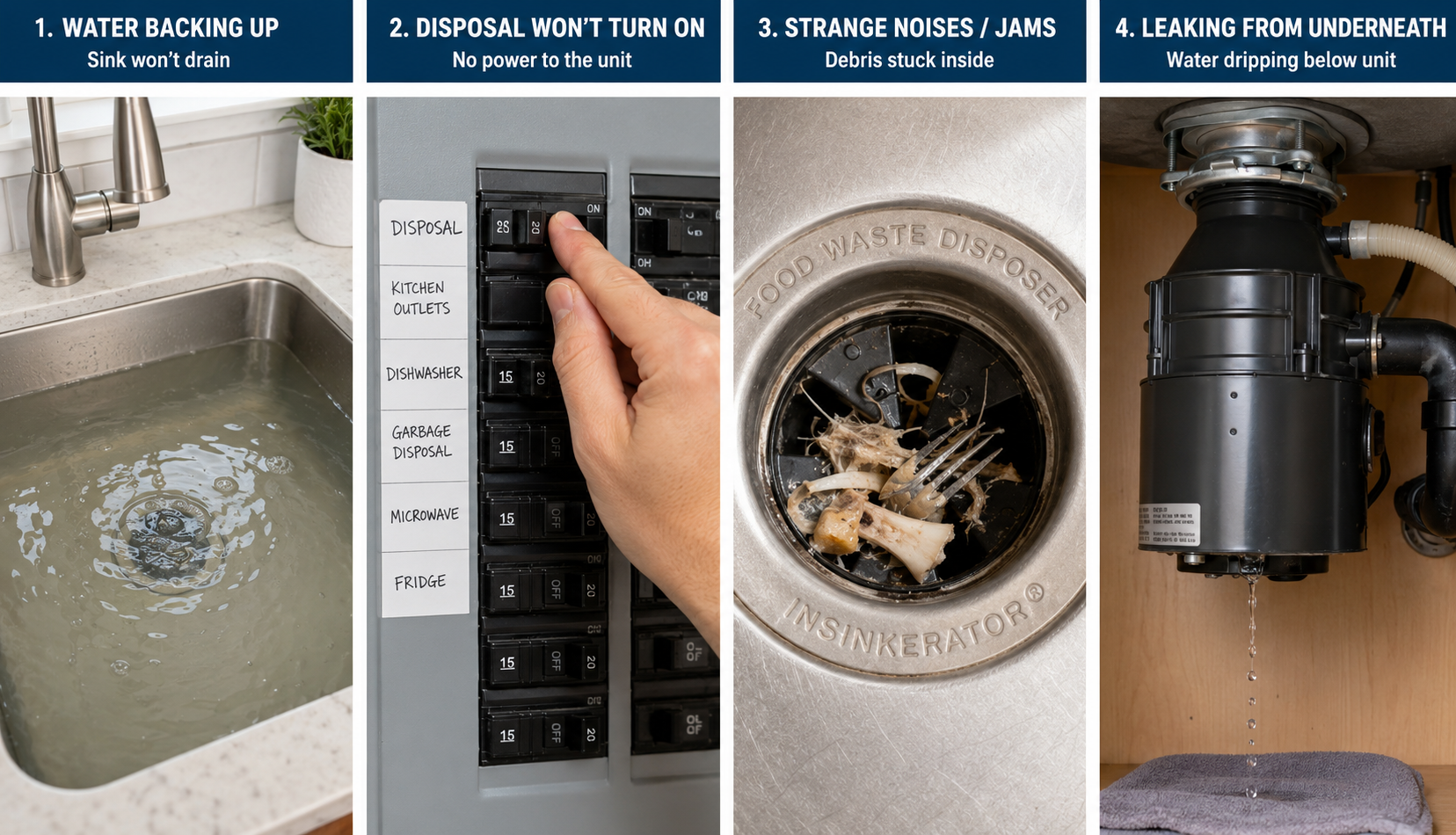 Multiple garbage disposal failure symptoms: won't turn on, won't grind, leaks, water backs up