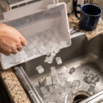 Emptying ice maker bin into sink before cleaning