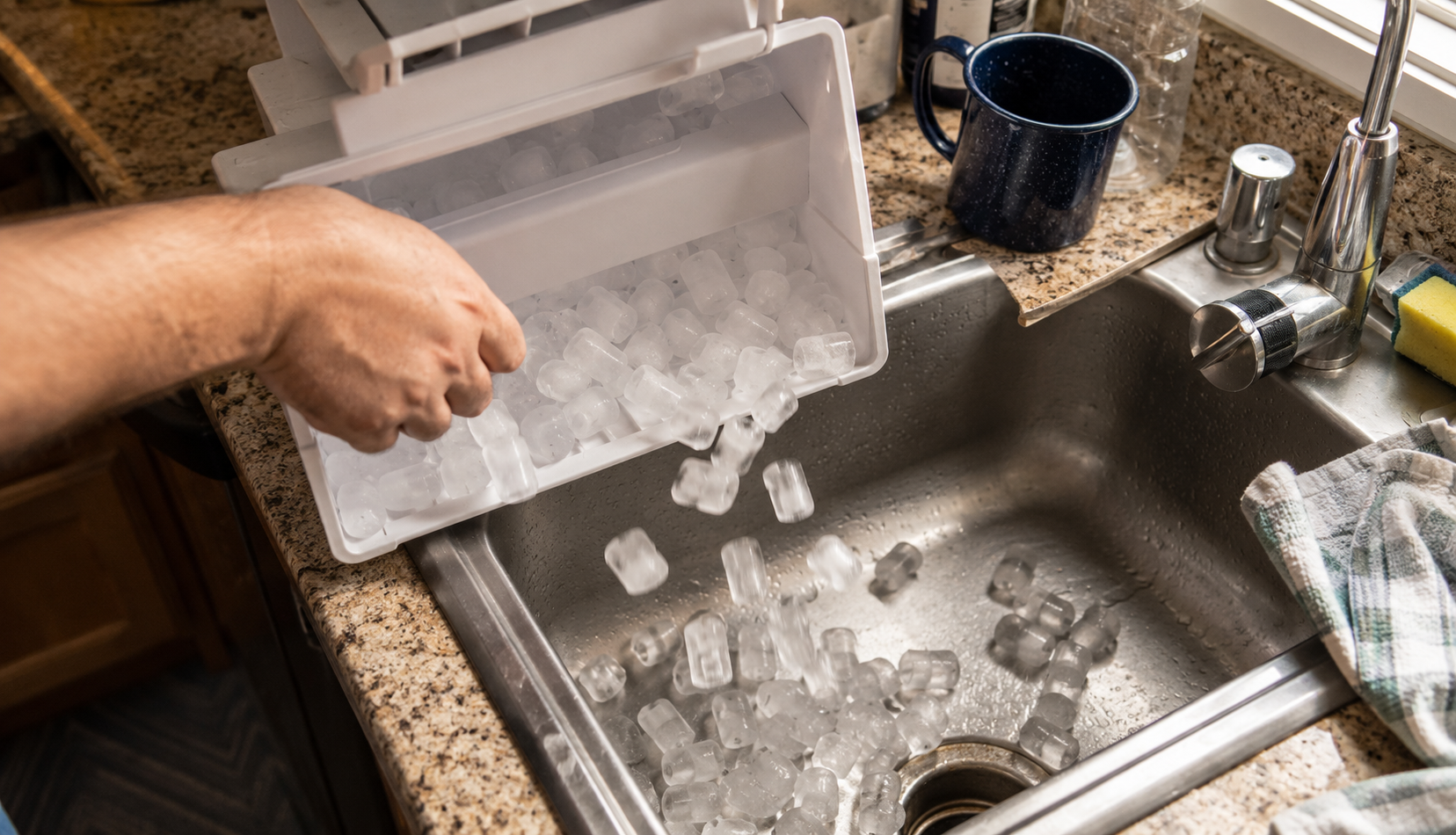 ChatGPT Image Jul 30, 2026, 04_17_59 PM Emptying ice maker bin into sink before cleaning