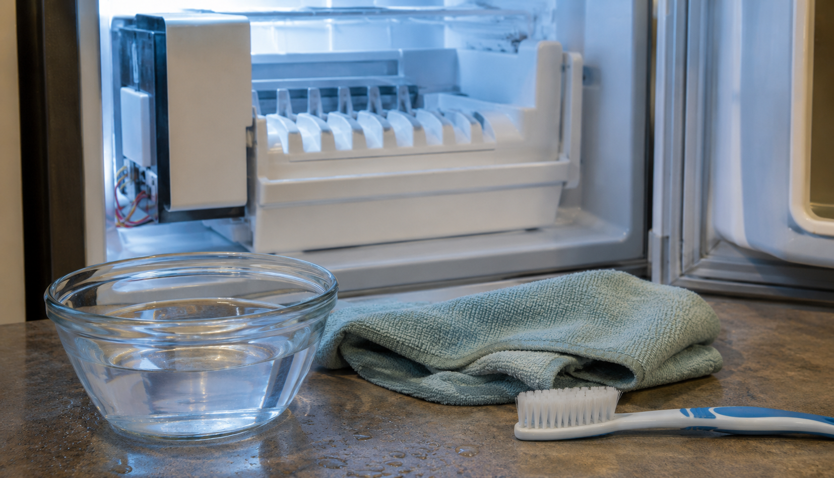ChatGPT Image Jul 30, 2026, 04_18_02 PM Vinegar cleaning solution and cloth beside open ice maker