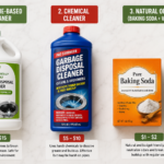 Three types of garbage disposal cleaners: enzyme-based, chemical, and natural baking soda vinegar