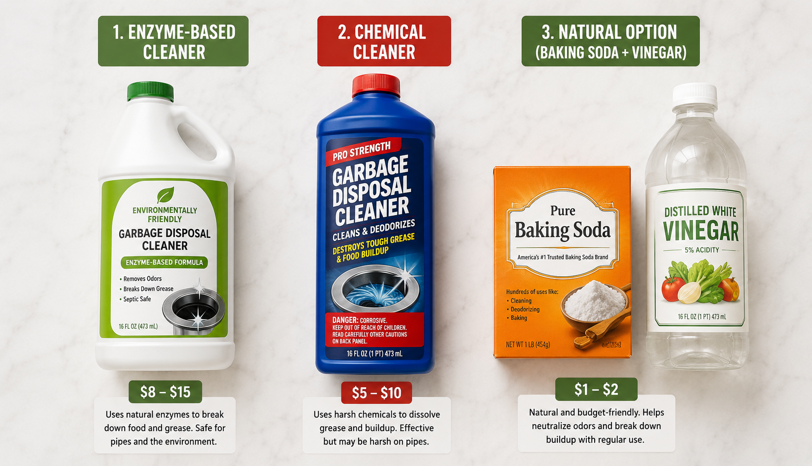 Three types of garbage disposal cleaners: enzyme-based, chemical, and natural baking soda vinegar