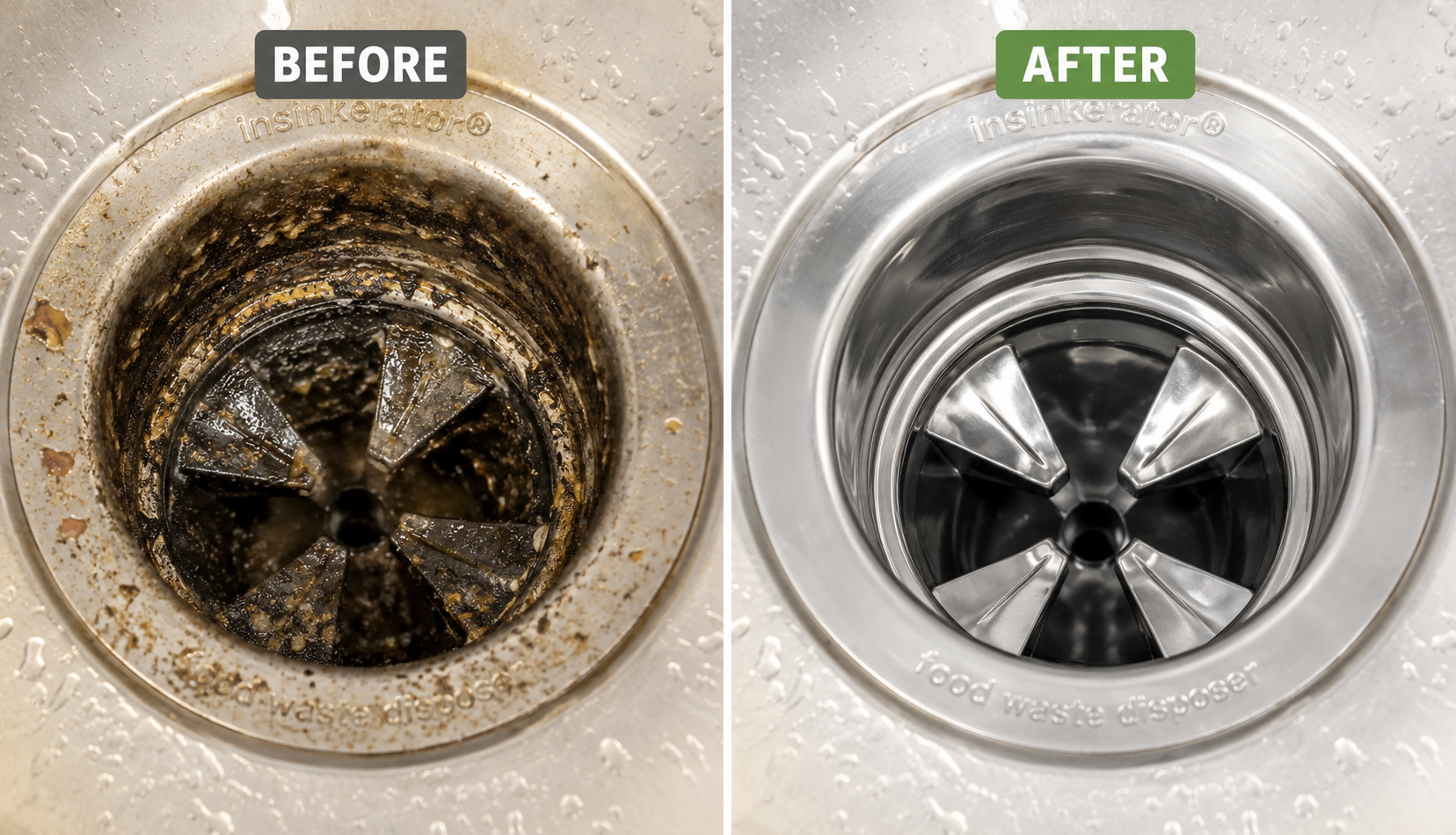 Before and after garbage disposal cleaning showing dirty versus clean and fresh disposal