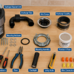 Complete garbage disposal installation tools and components laid out and organized