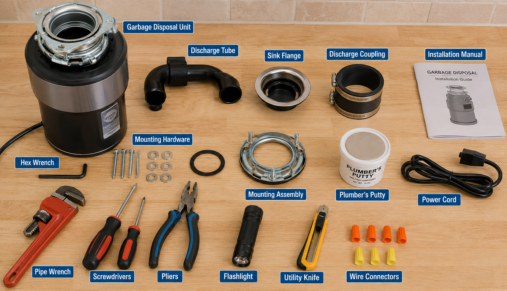 Complete garbage disposal installation tools and components laid out and organized