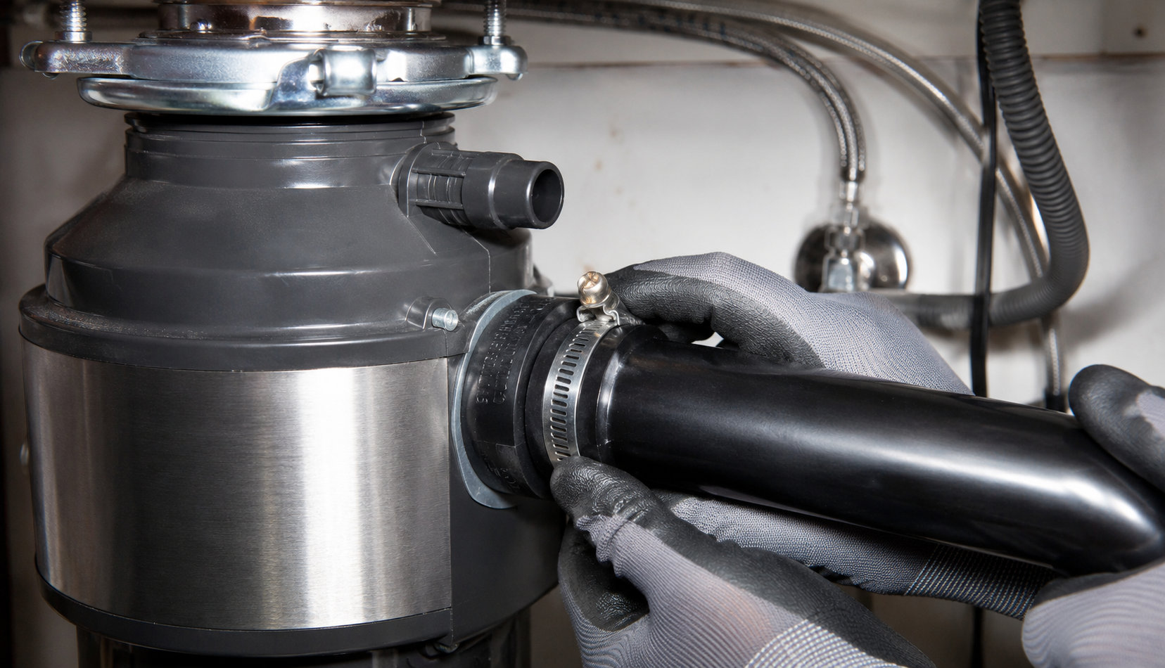 Installing discharge tube and rubber coupling on new garbage disposal outlet