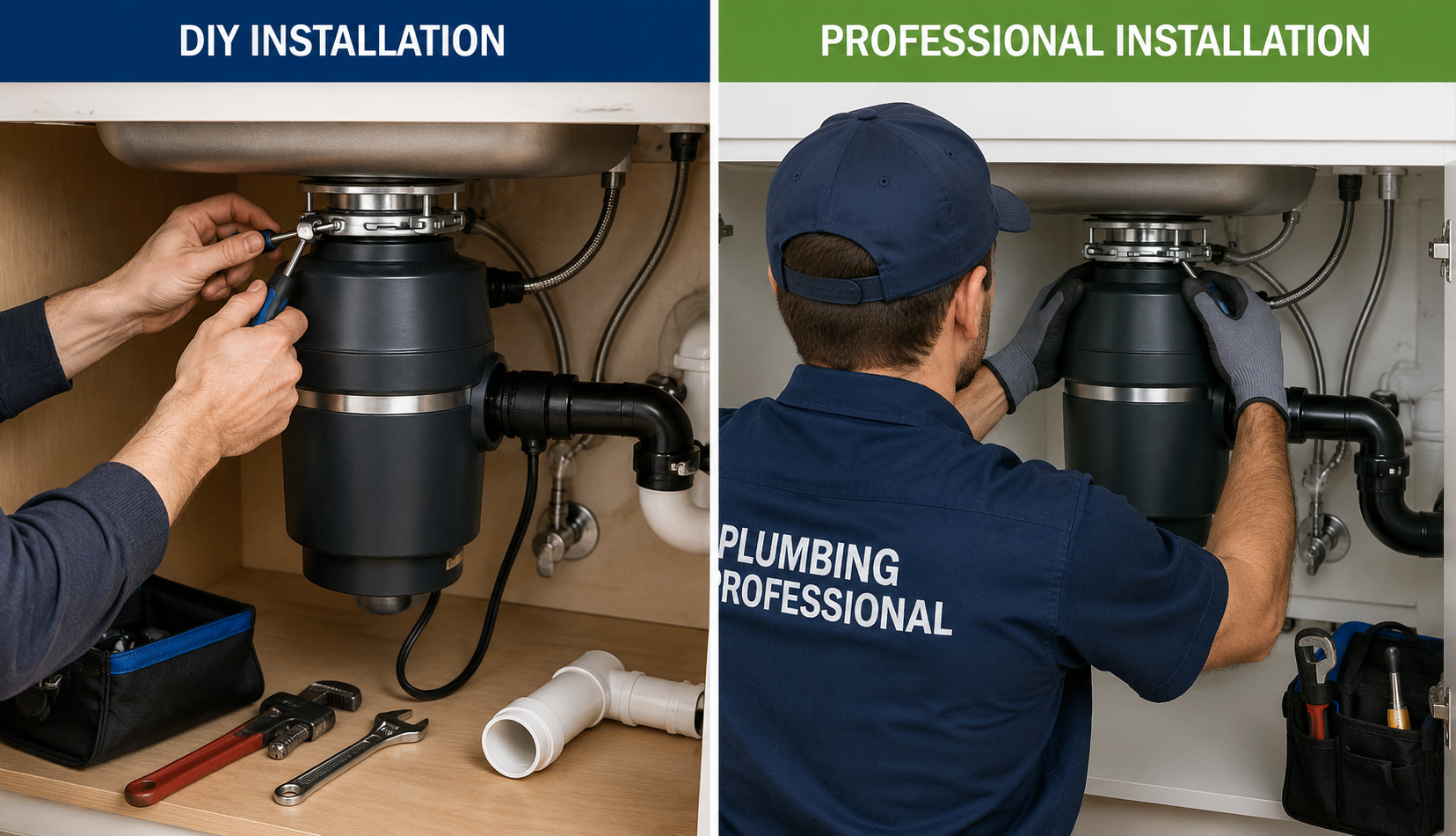 Side-by-side comparison of DIY garbage disposal installation versus professional plumber installation