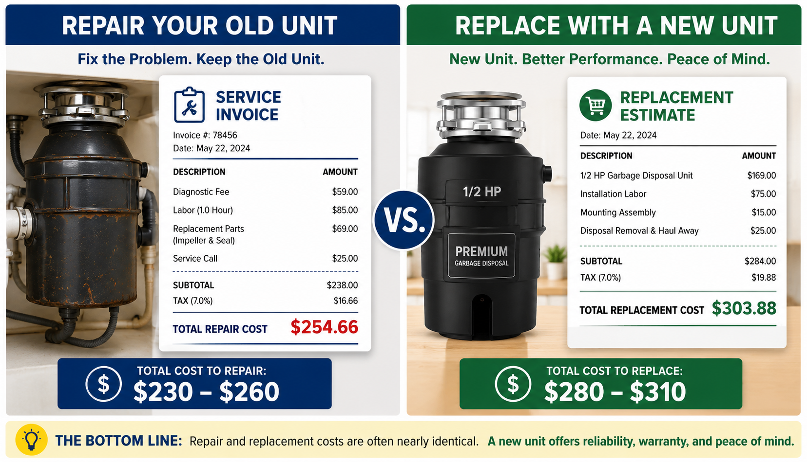ChatGPT Image Jul 6, 2026, 04_23_55 PM Side-by-side comparison of garbage disposal repair cost versus new replacement unit cost