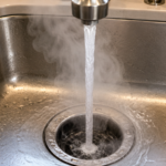 Hot water running down garbage disposal drain for daily maintenance flush