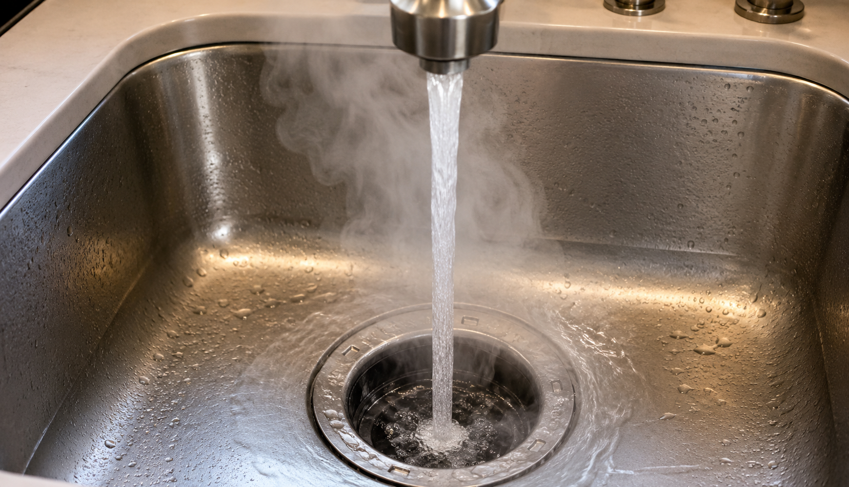Hot water running down garbage disposal drain for daily maintenance flush