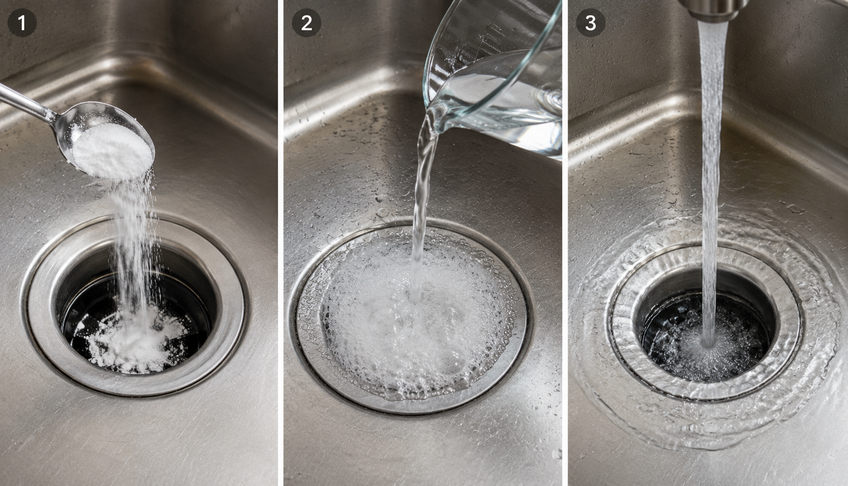 Three-step monthly garbage disposal maintenance with baking soda, vinegar, and hot water