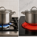 Gas stove with blue flame versus electric stove with red-hot coil side-by-side comparison