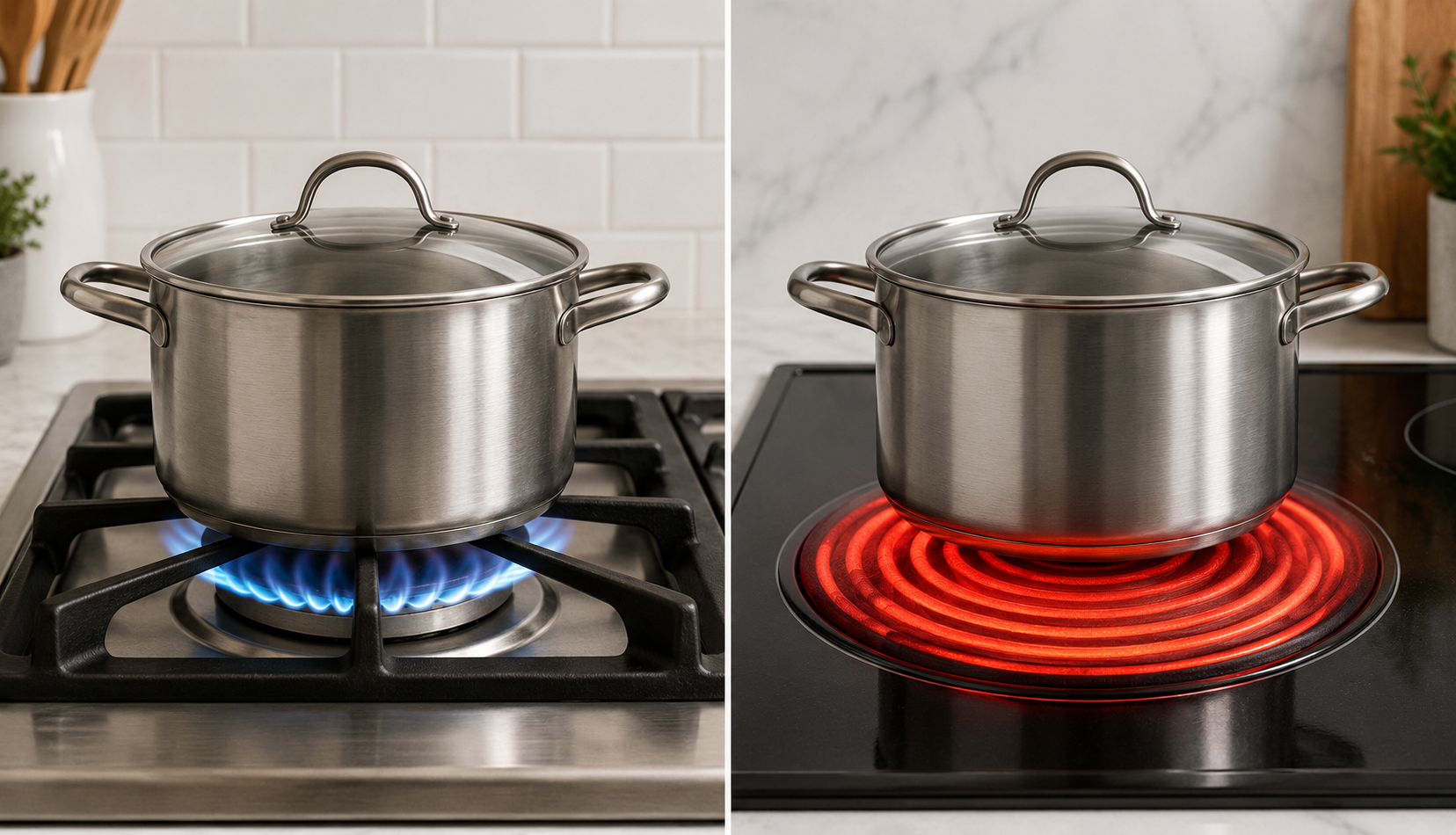 Gas stove with blue flame versus electric stove with red-hot coil side-by-side comparison