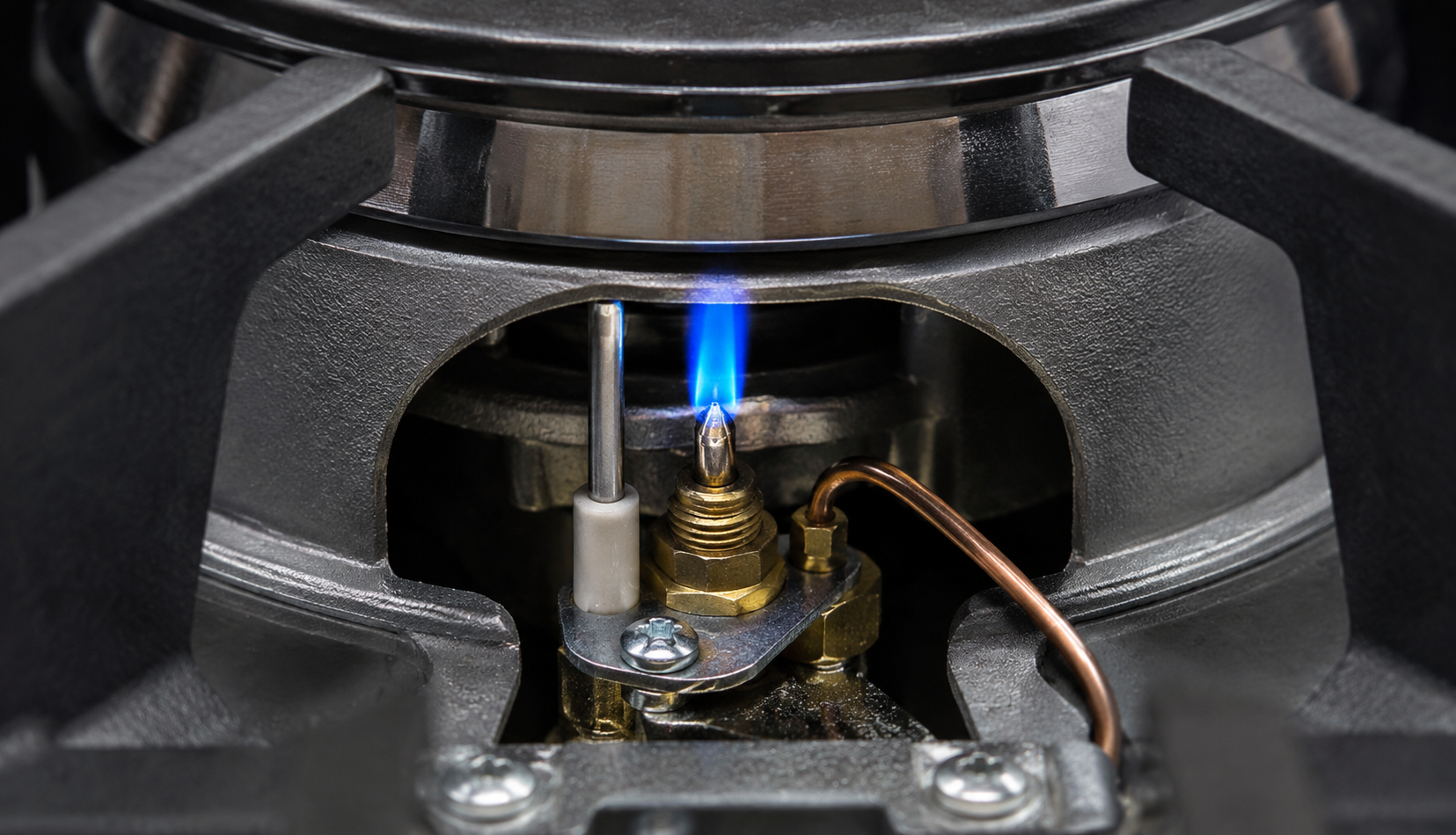 Gas stove pilot light burning blue flame inside burner assembly