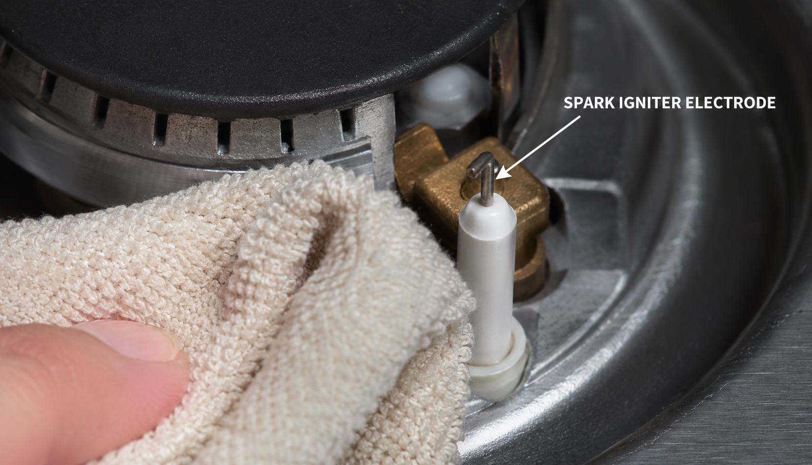 ChatGPT Image Jul 9, 2026, 04_53_24 PM Gas stove spark igniter electrode being cleaned with cloth to restore spark